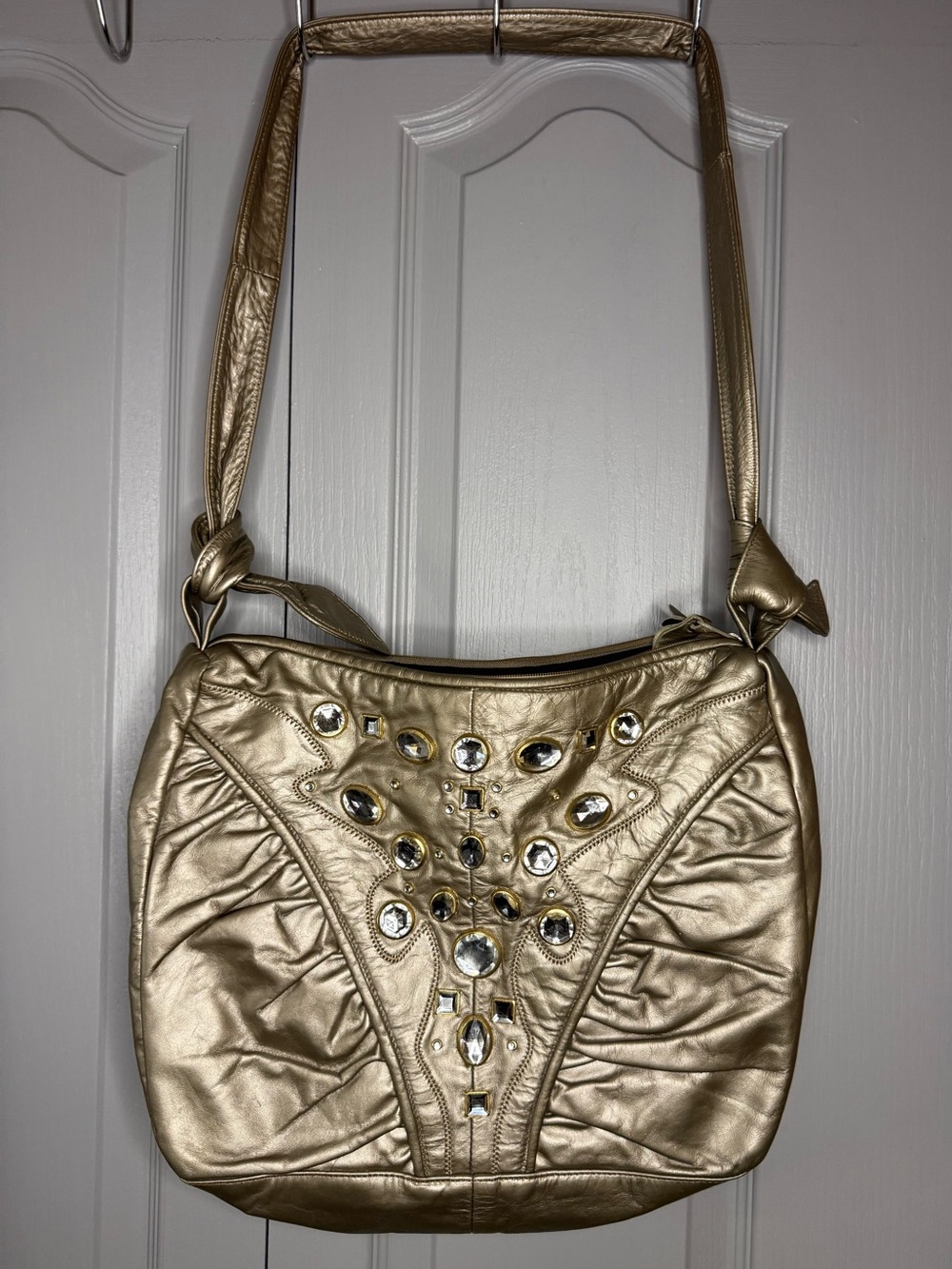 Vintage Paul Joseph Gold Leather Bejeweled Crossbody Hobo Bag